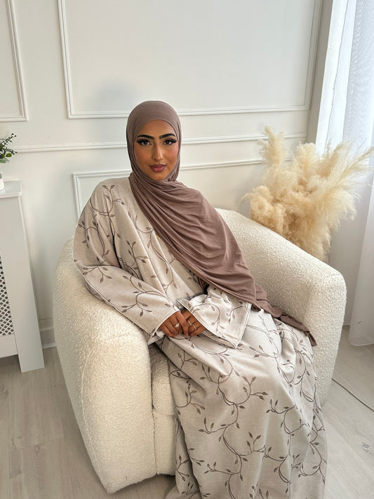 Hafsa Linen leaf embroidery closed abaya light brown size 54 *EX DISPLAY*