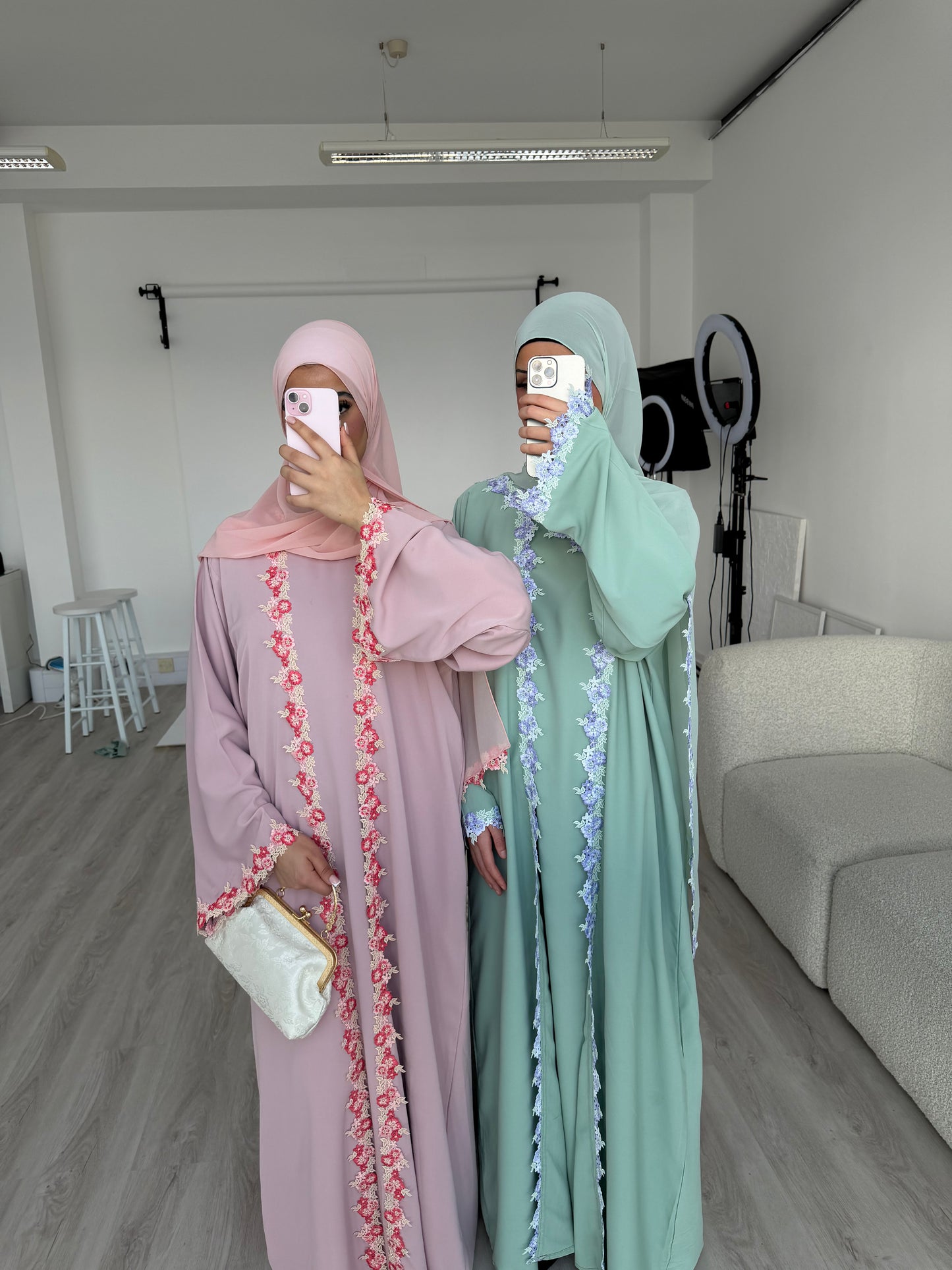 Yalda lace floral abaya set with inner slip dress
