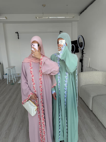 Yalda lace floral abaya set with inner slip dress
