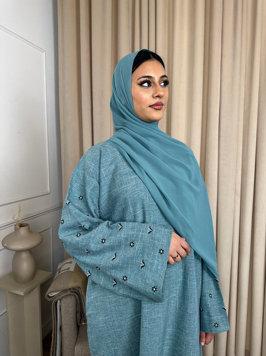 Husna linen embroidery sea blue abaya