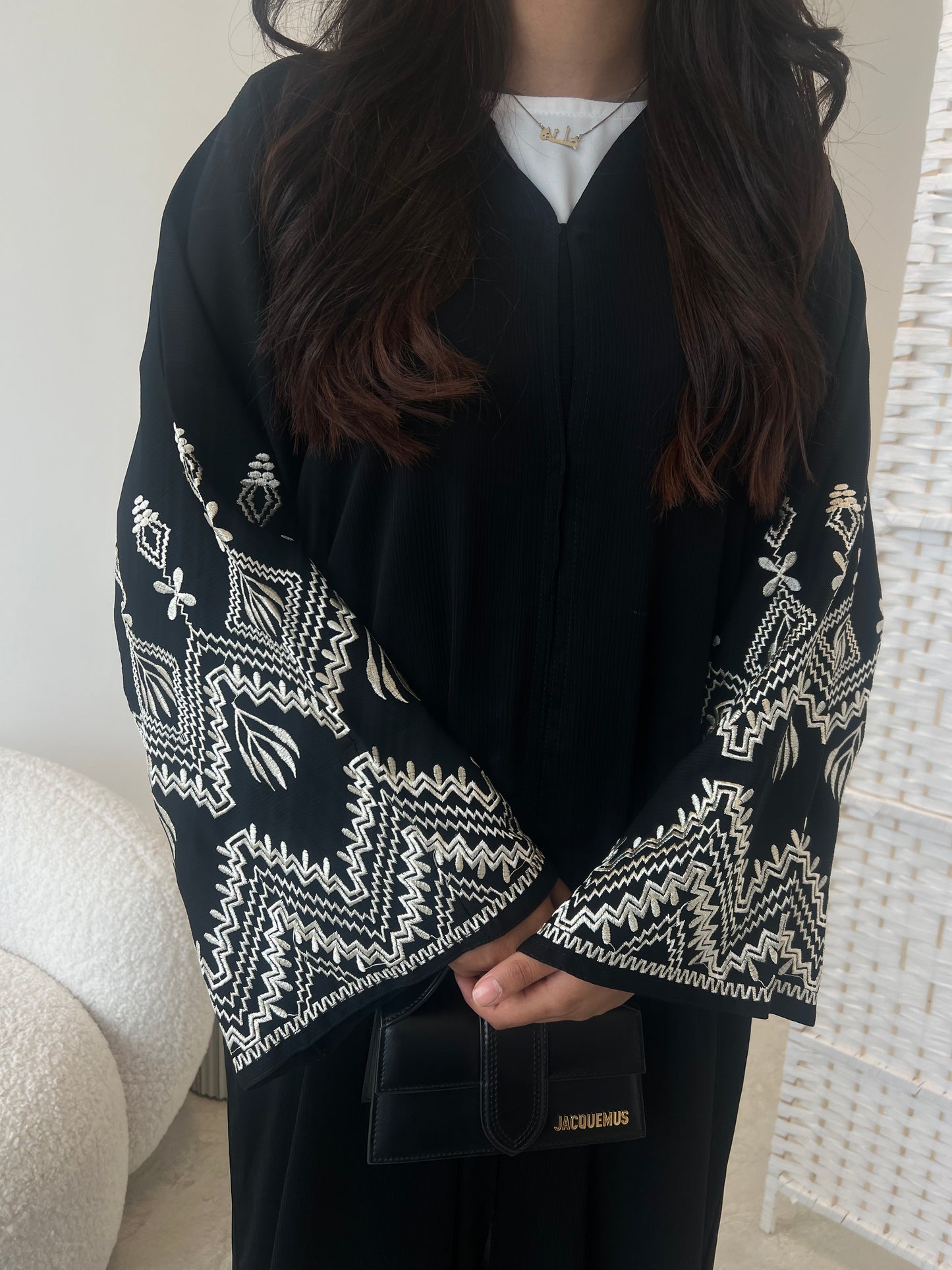 Sana 2.0 beige embroidery on black abaya with buttons