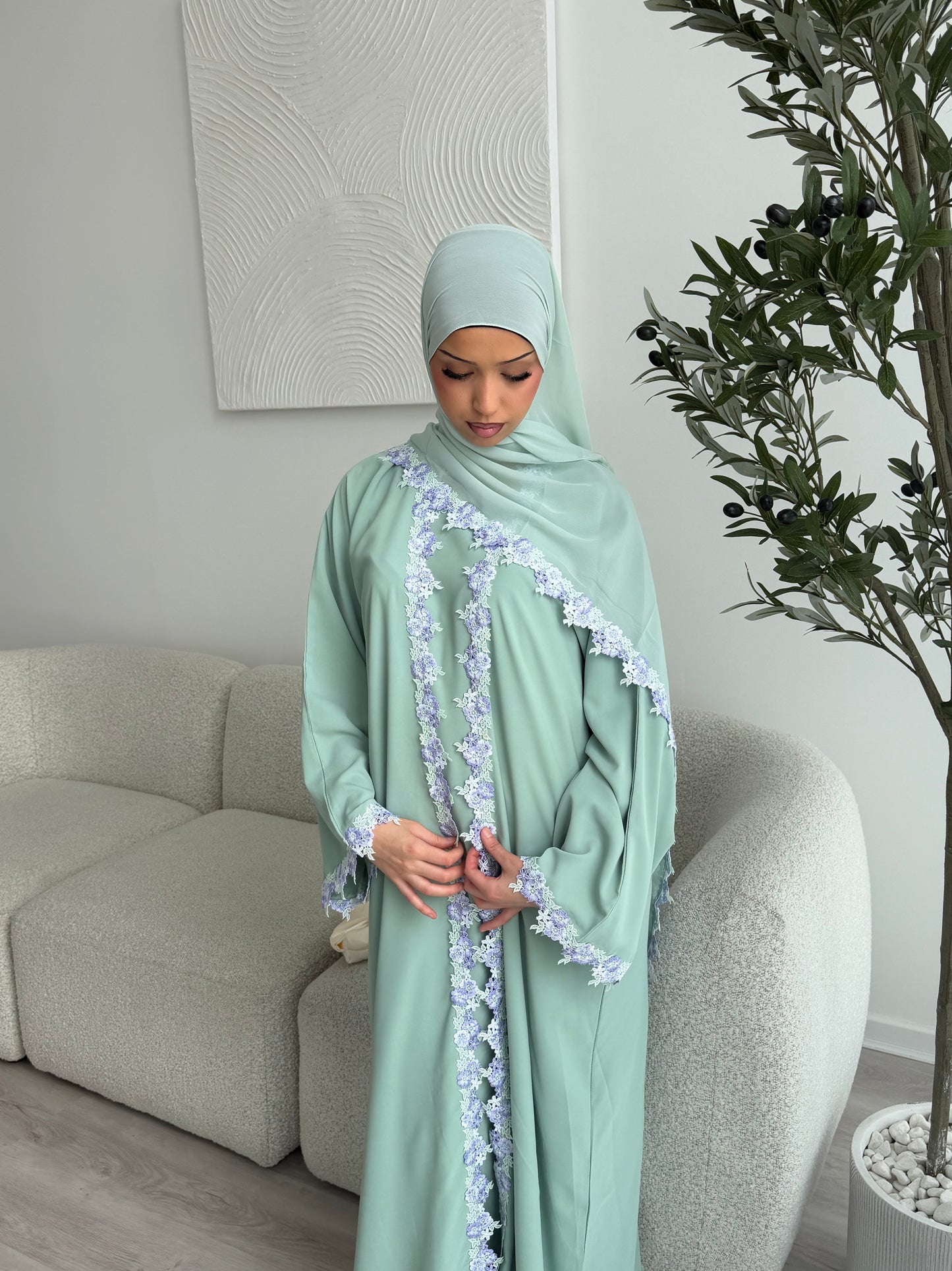 Yalda lace floral abaya set with inner slip dress