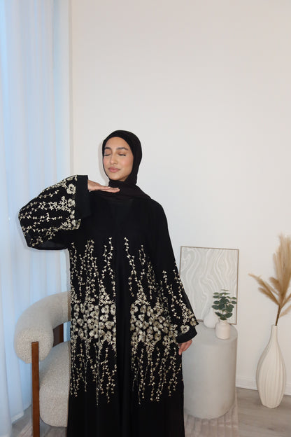 Yara chiffon layered abaya with gold embroidery and inner slip