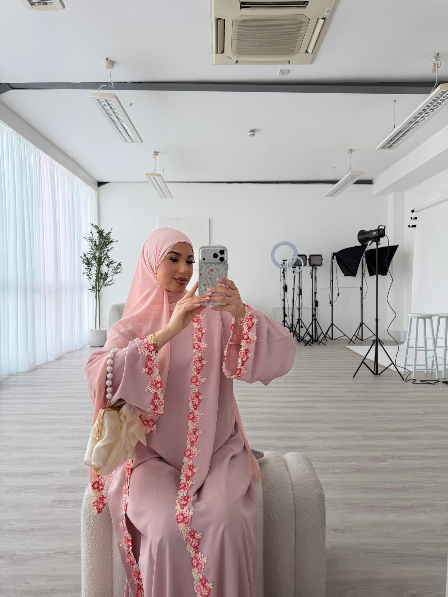 Yalda lace floral abaya set with inner slip dress