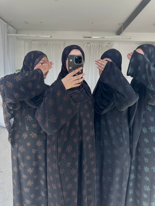 Sefina chiffon black gems abaya with matching chiffon gems hijab