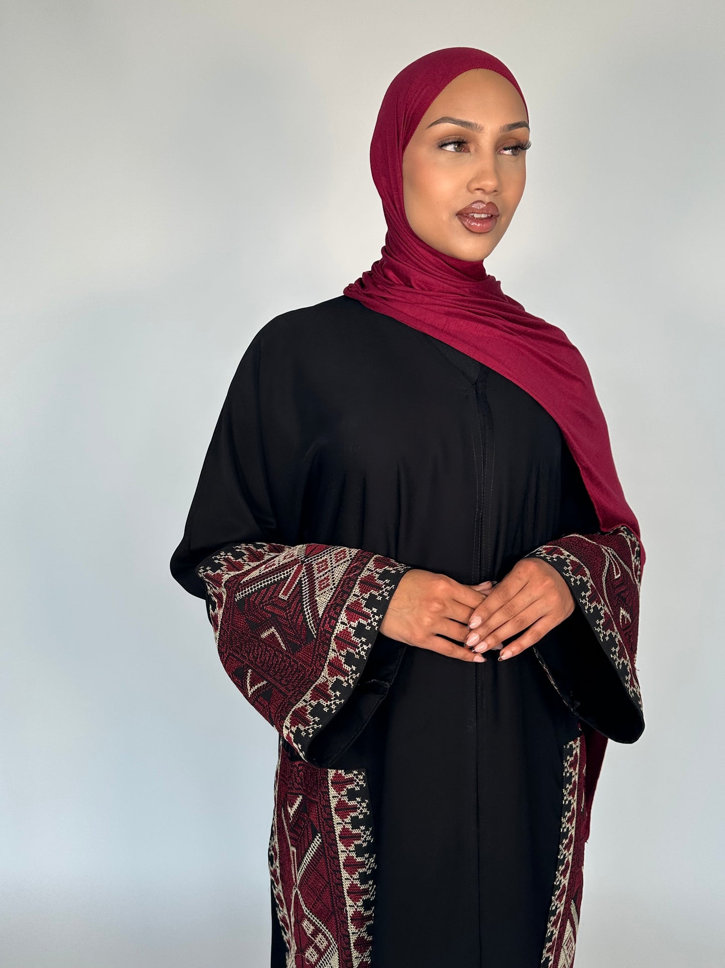 Tatreez 3.0 black buttoned nida abaya embroidery