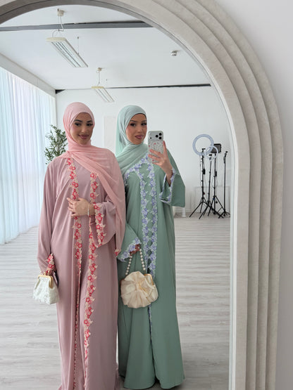Yalda lace floral abaya set with inner slip dress