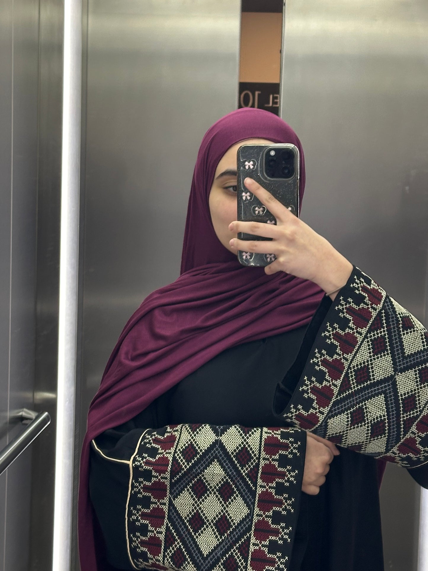 Tatreez black closed nida abaya with maroon embroidery