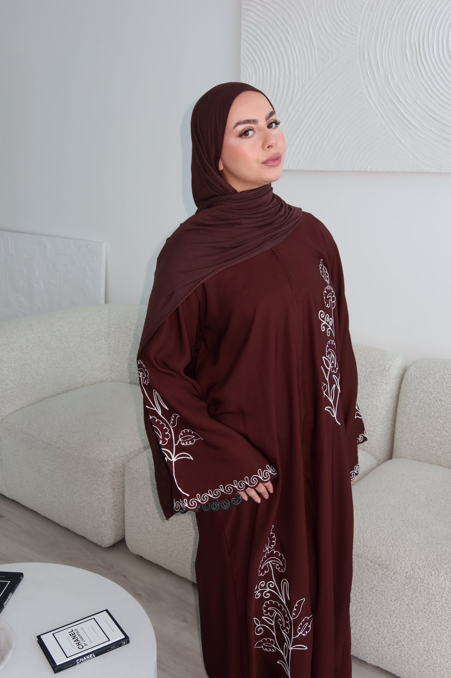 Zarina buttoned brown abaya with embroidery