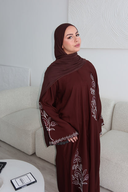 Zarina buttoned brown abaya with embroidery