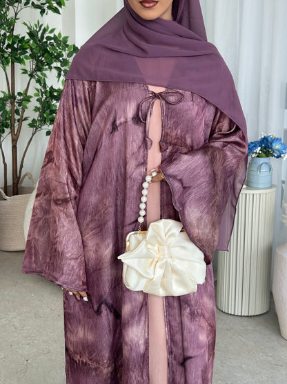 Bow tie up marble printed abaya