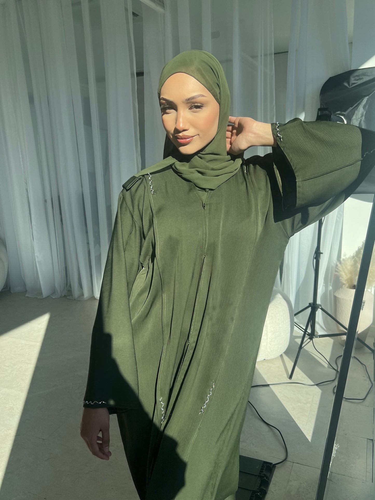 Sultan olive embellished buttoned abaya