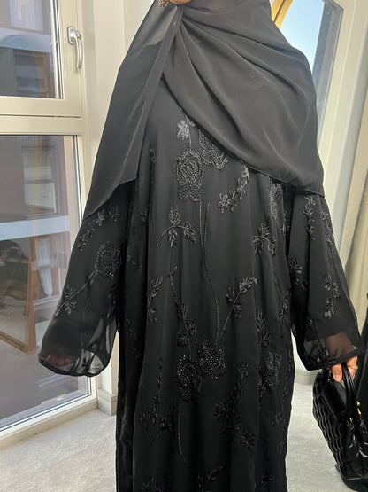 Halima chiffon black gems abaya with inner slip dress