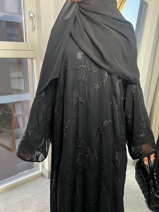 Halima chiffon black gems abaya with inner slip dress