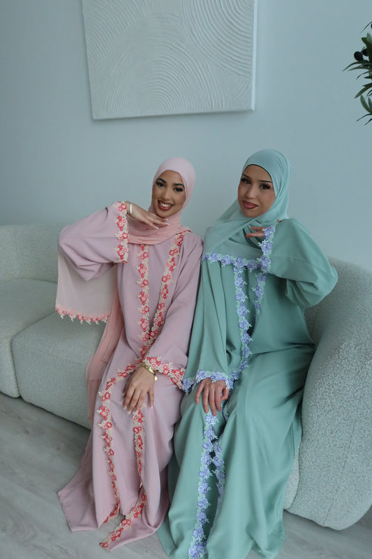 Yalda lace floral abaya set with inner slip dress