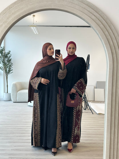 Tatreez 3.0 black buttoned nida abaya embroidery