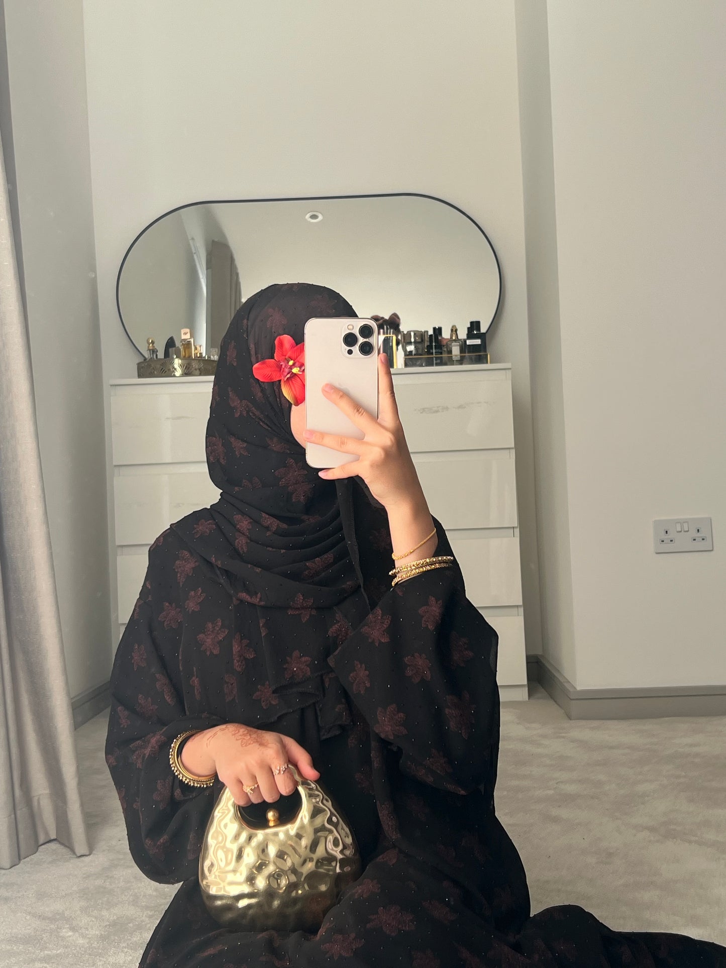 Sefina chiffon black gems abaya with matching chiffon gems hijab