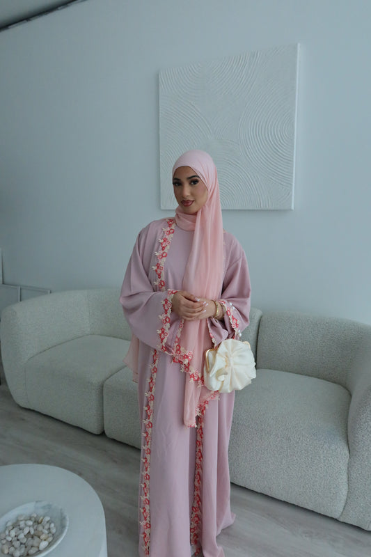 Yalda lace floral abaya set with inner slip dress