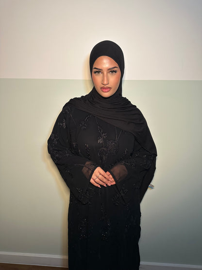 Halima chiffon black gems abaya with inner slip dress
