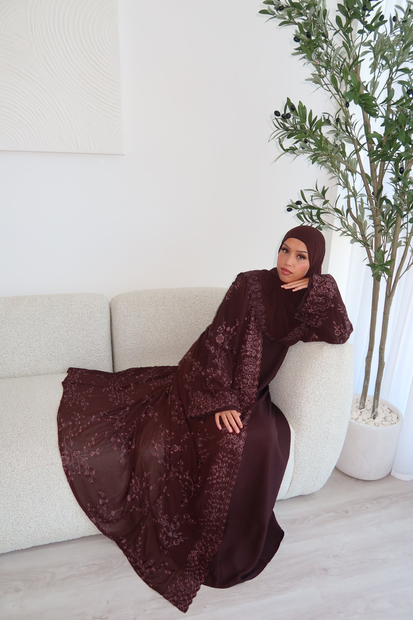Aleena Floral printed chiffon abaya set with inner slip dress