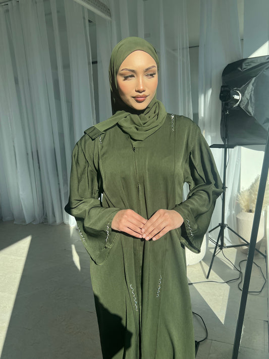 Sultan olive embellished buttoned abaya
