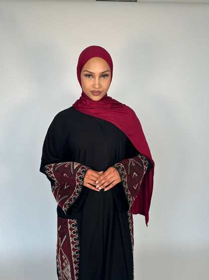 Tatreez 3.0 black buttoned nida abaya embroidery