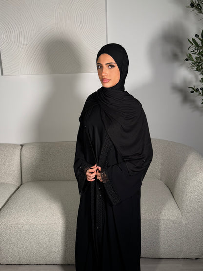 Ayah chiffon black gems abaya with inner slip dress