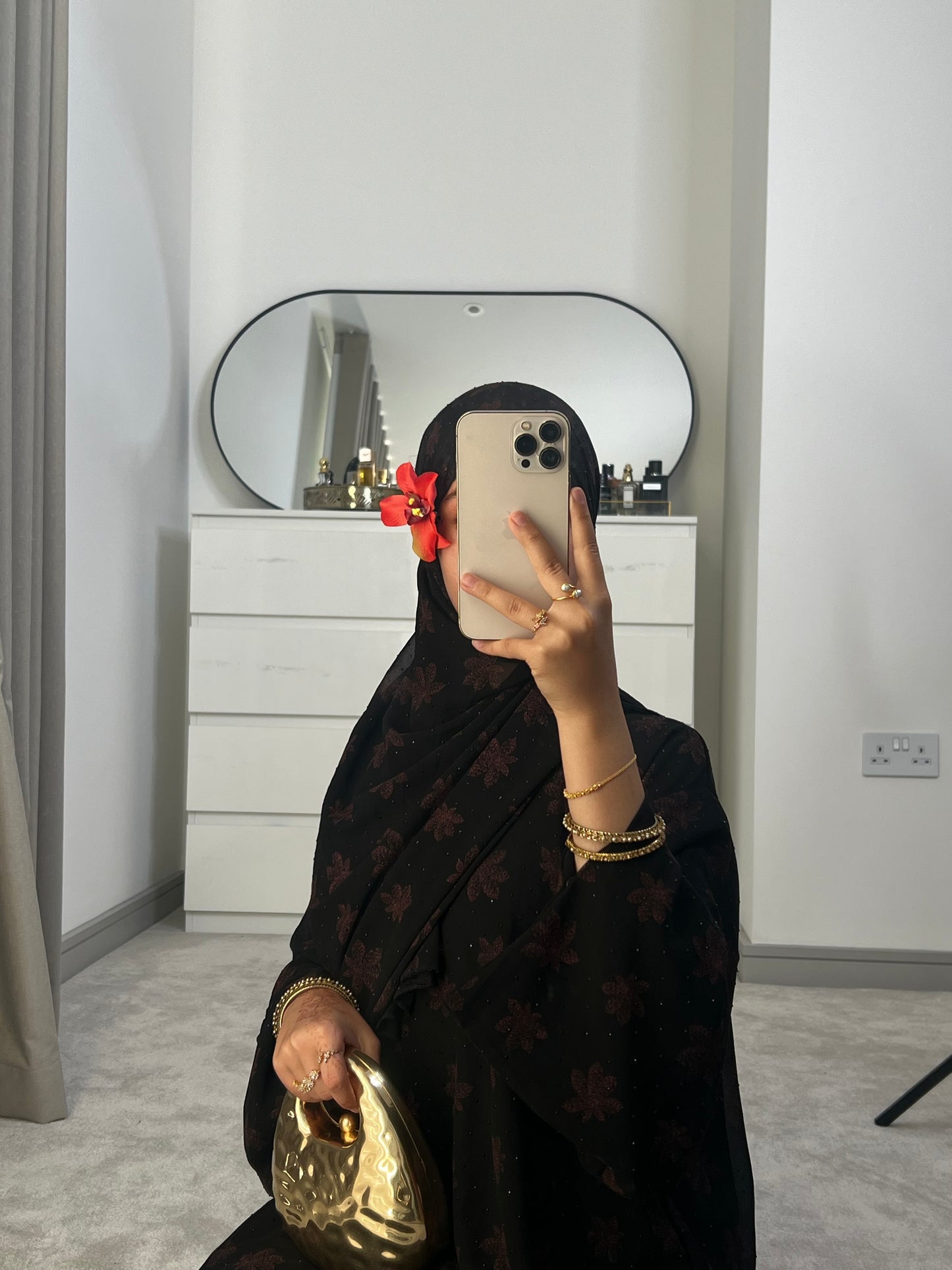 Sefina chiffon black gems abaya with matching chiffon gems hijab