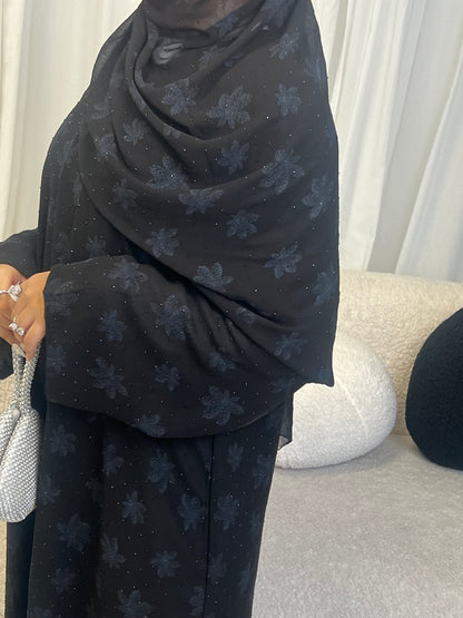 Sefina chiffon black gems abaya with matching chiffon gems hijab