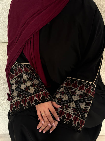 Tatreez black closed nida abaya with maroon embroidery
