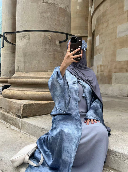 Bow tie up marble printed abaya