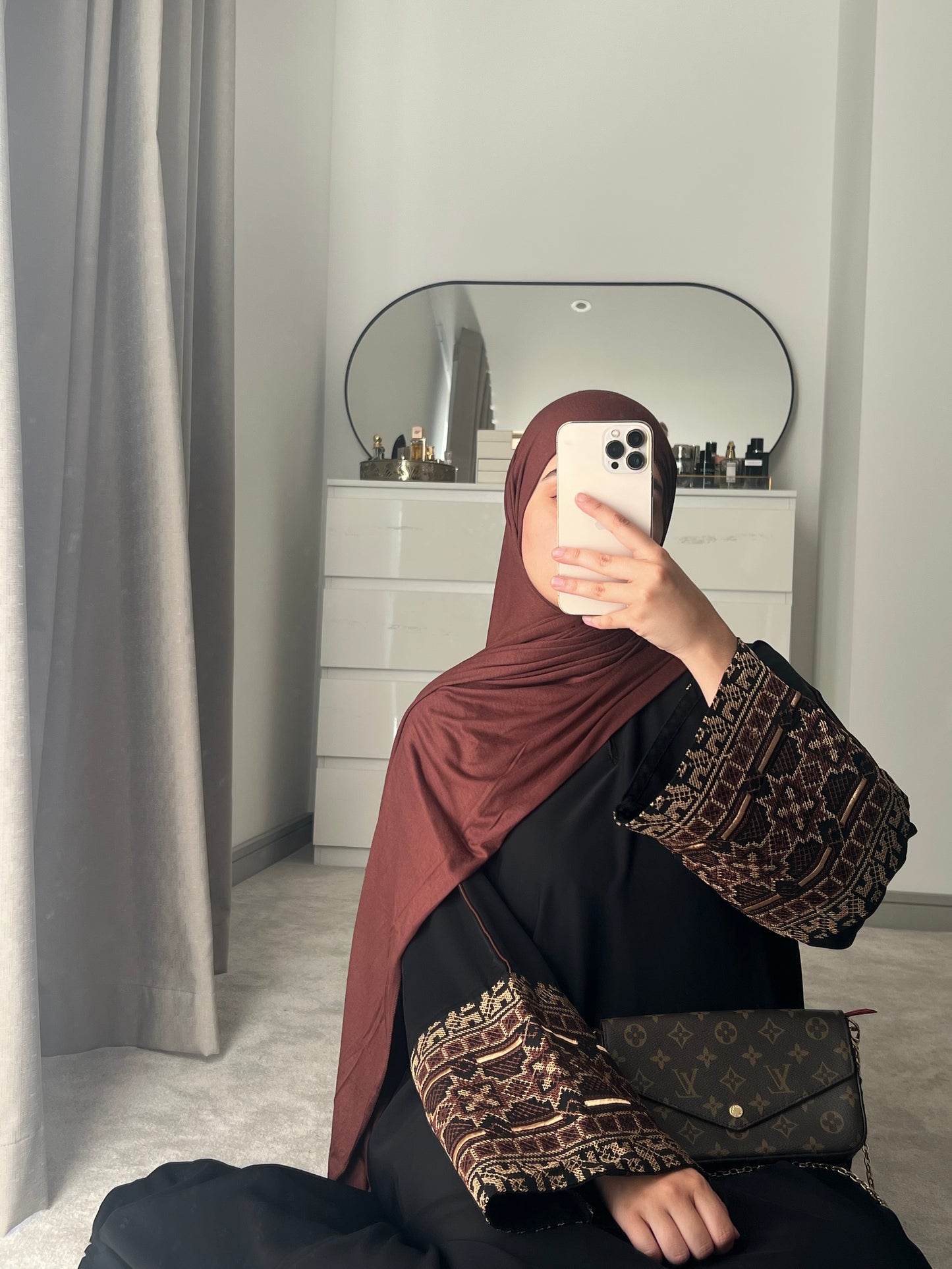 Tatreez 2.0 black closed nida abaya with brown embroidery