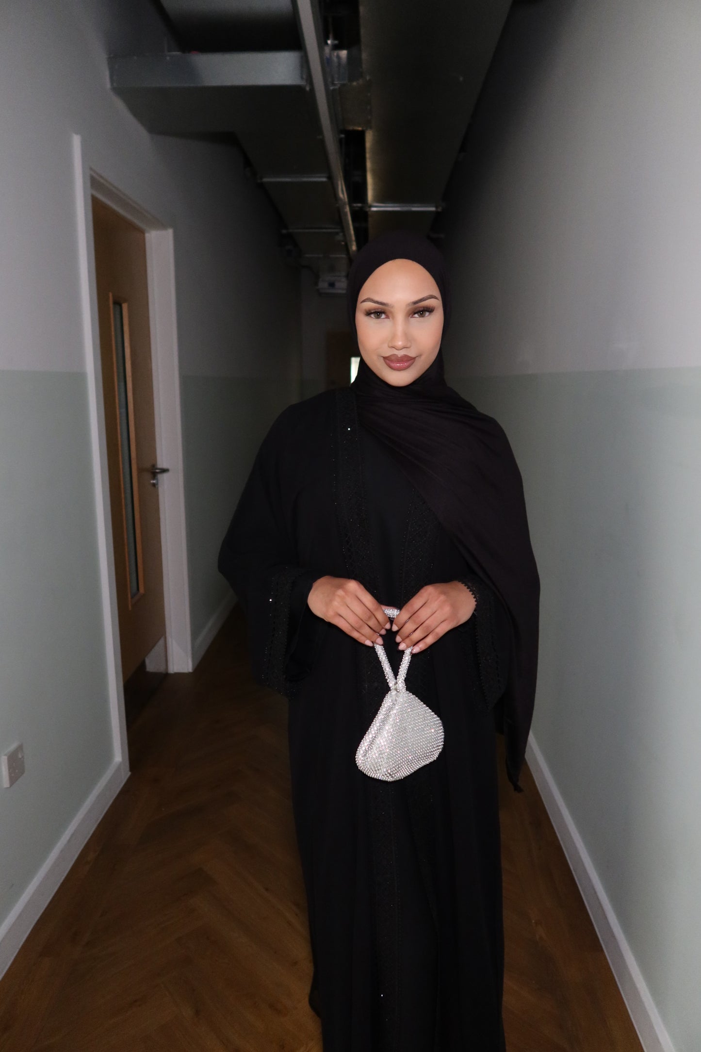 Ayah chiffon black gems abaya with inner slip dress