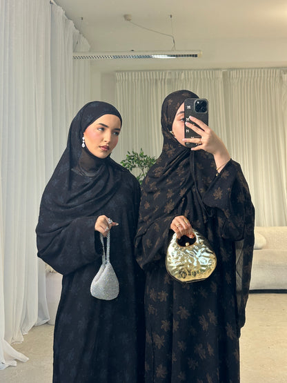 Sefina chiffon black gems abaya with matching chiffon gems hijab