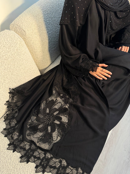 Kulthoom lace buttoned black abaya