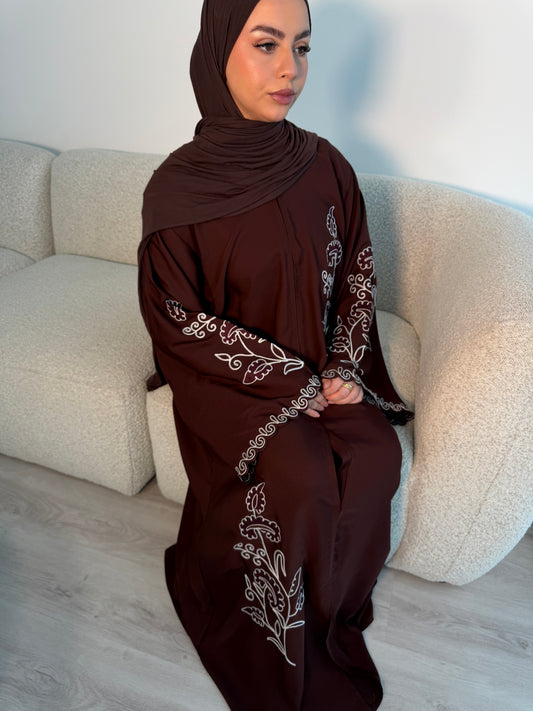 Zarina buttoned brown abaya with embroidery
