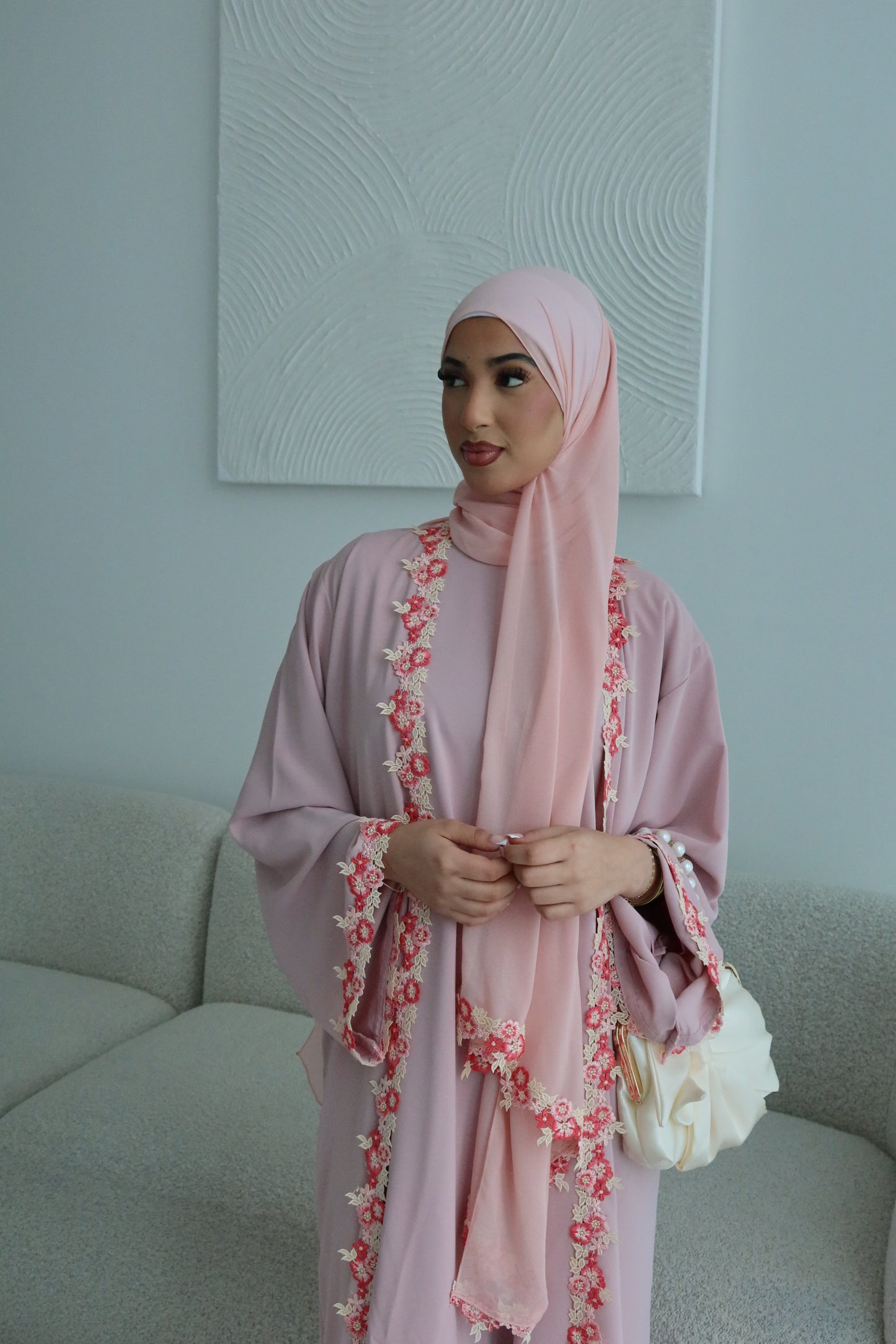 Yalda lace floral abaya set with inner slip dress