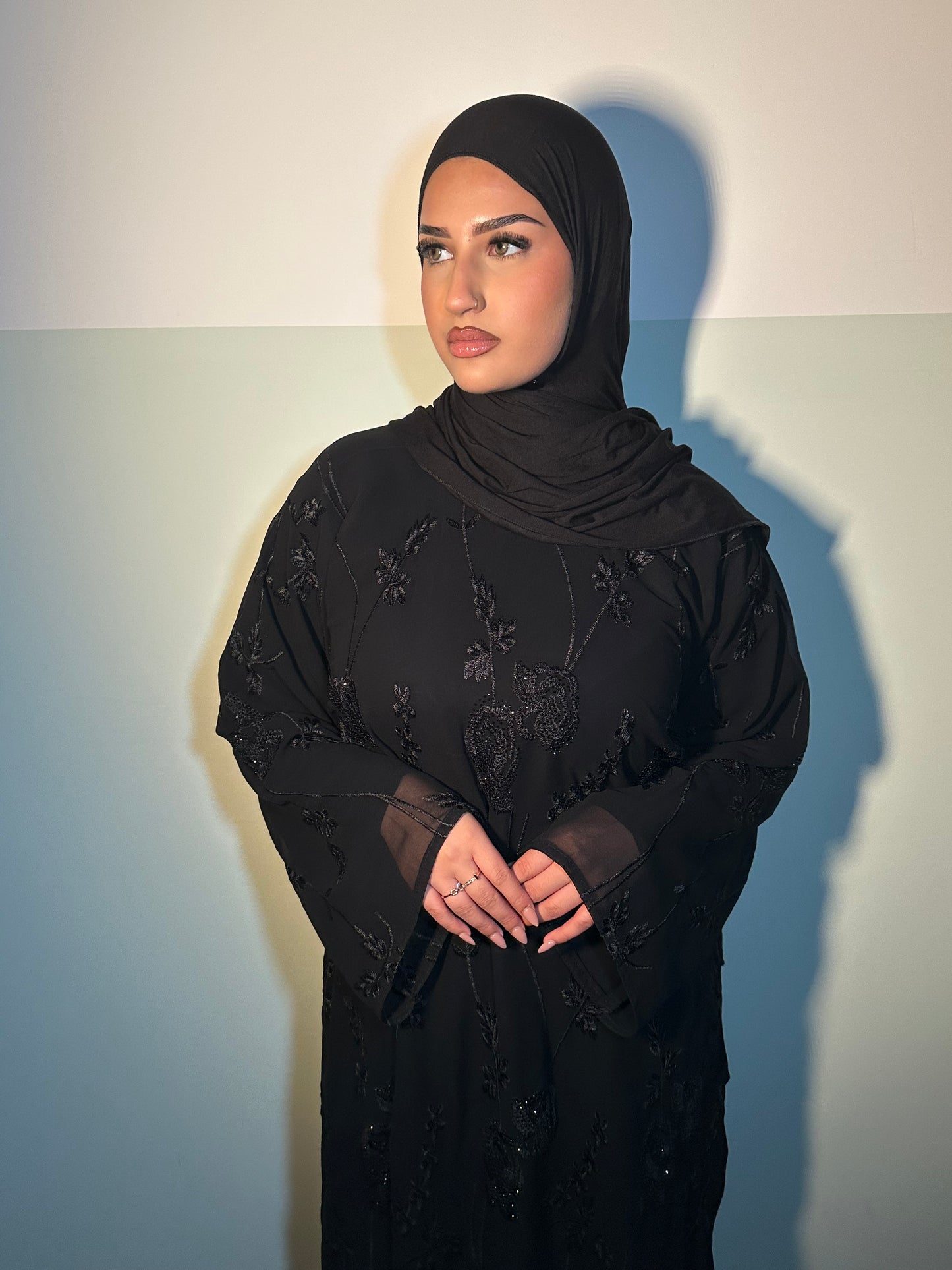 Halima chiffon black gems abaya with inner slip dress