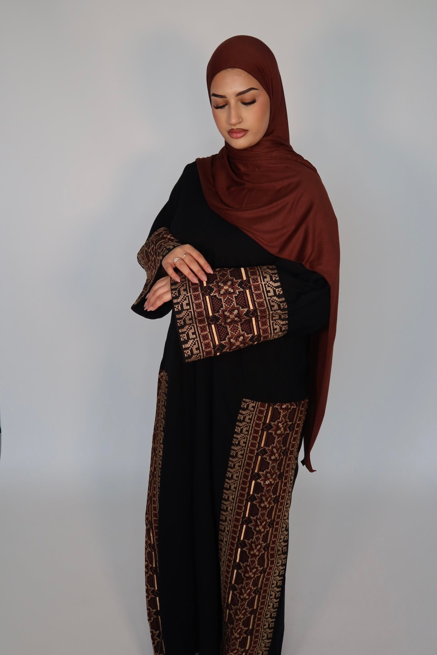 Tatreez 3.0 black buttoned nida abaya embroidery