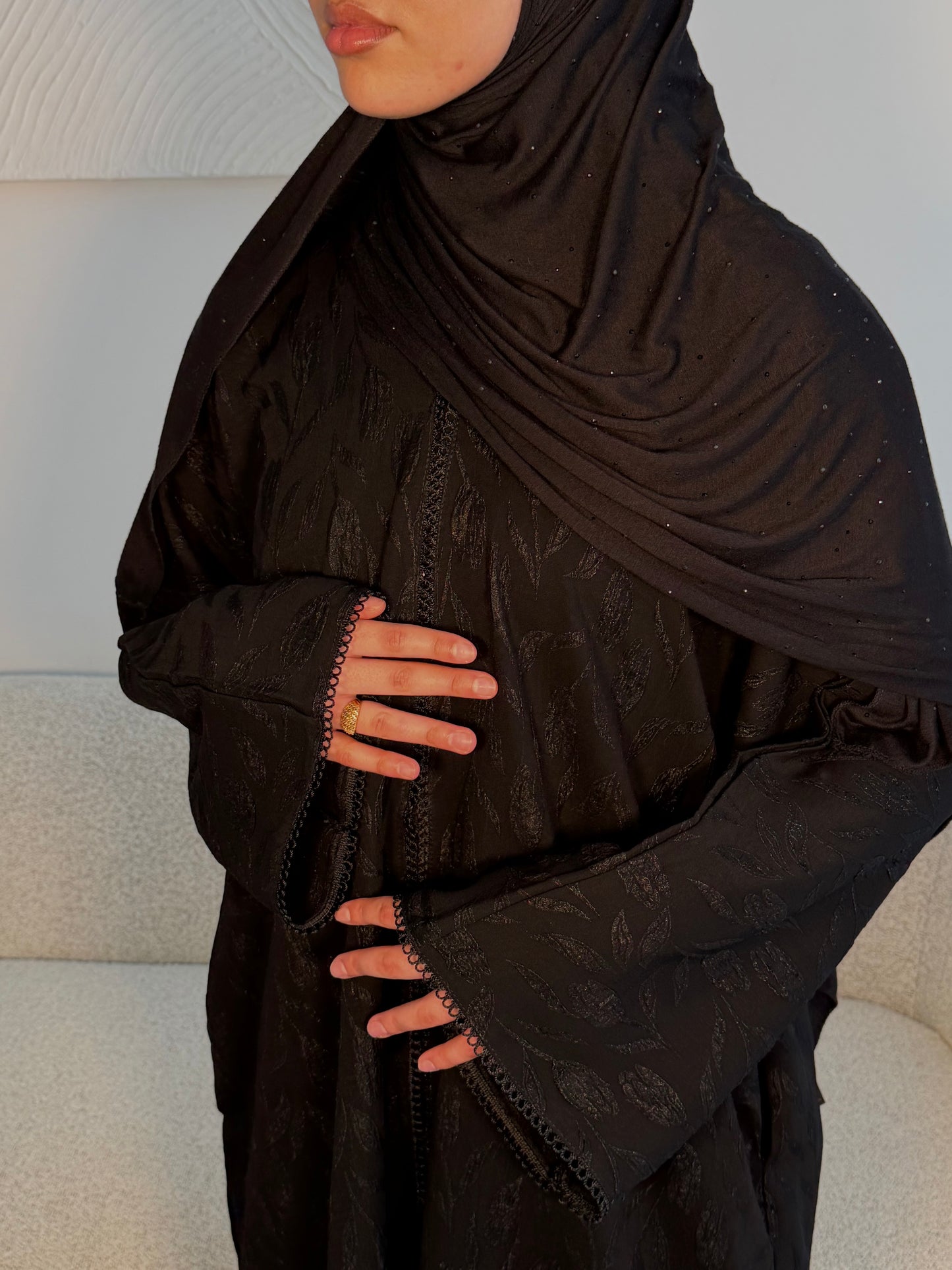 Omayra lace jacquard printed abaya