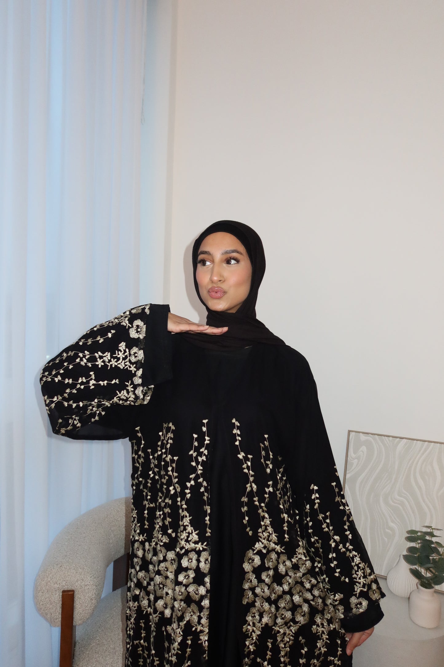 Yara chiffon layered abaya with gold embroidery and inner slip