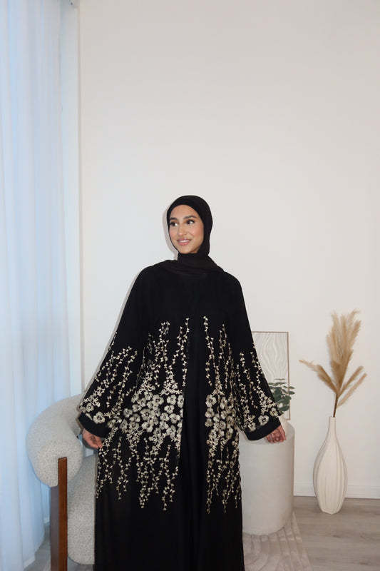 Yara chiffon layered abaya with gold embroidery and inner slip