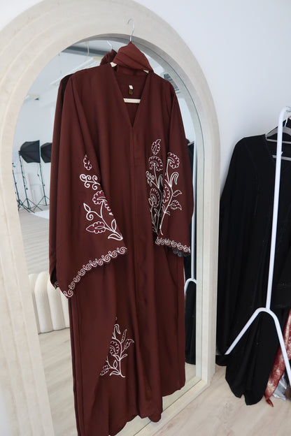 Zarina buttoned brown abaya with embroidery
