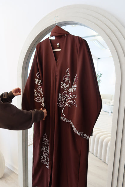 Zarina buttoned brown abaya with embroidery