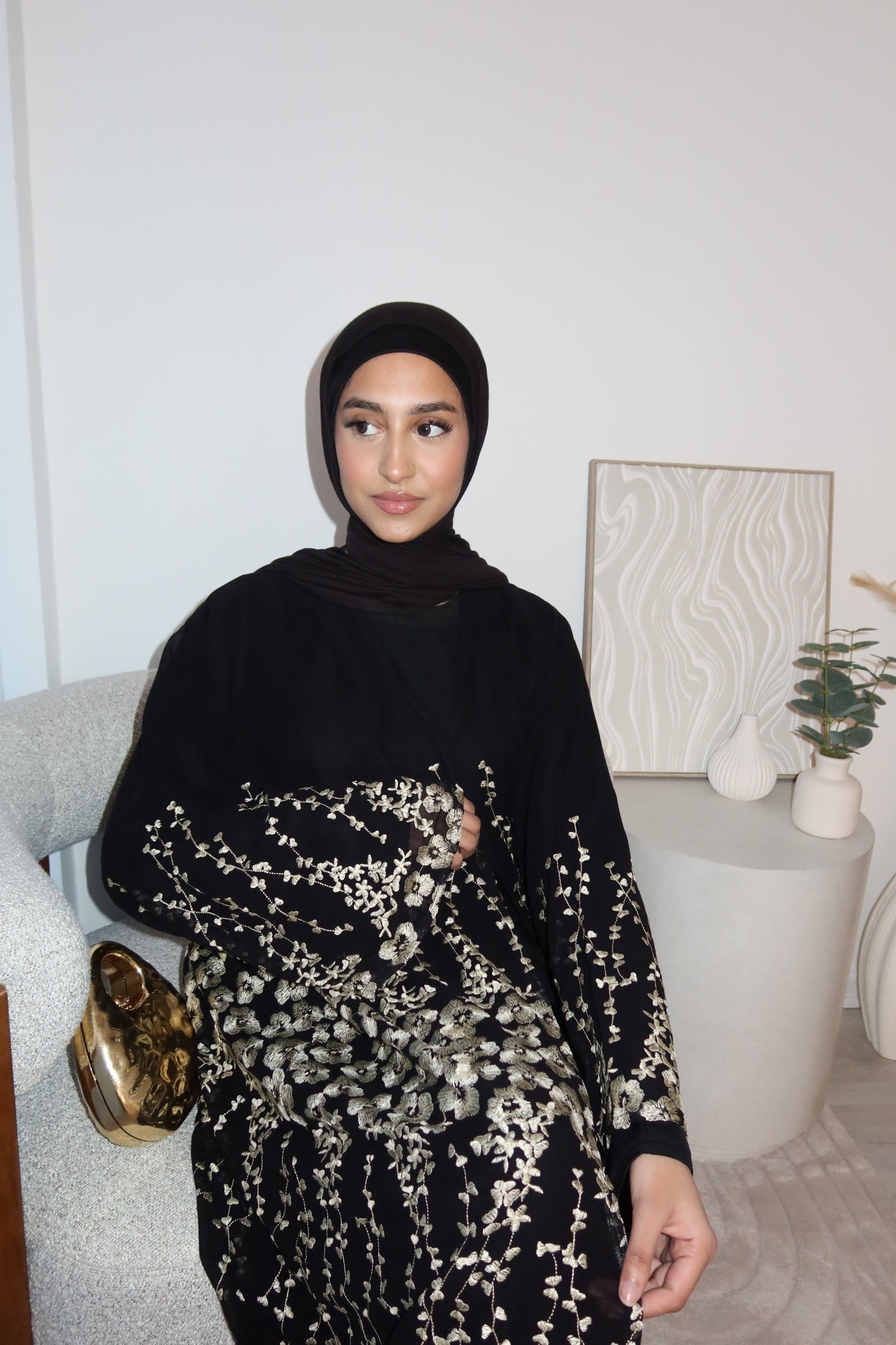 Yara chiffon layered abaya with gold embroidery and inner slip
