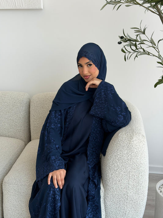 Aleena Floral printed chiffon abaya set with inner slip dress