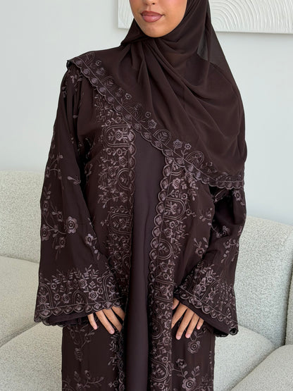 Aleena Floral printed chiffon abaya set with inner slip dress
