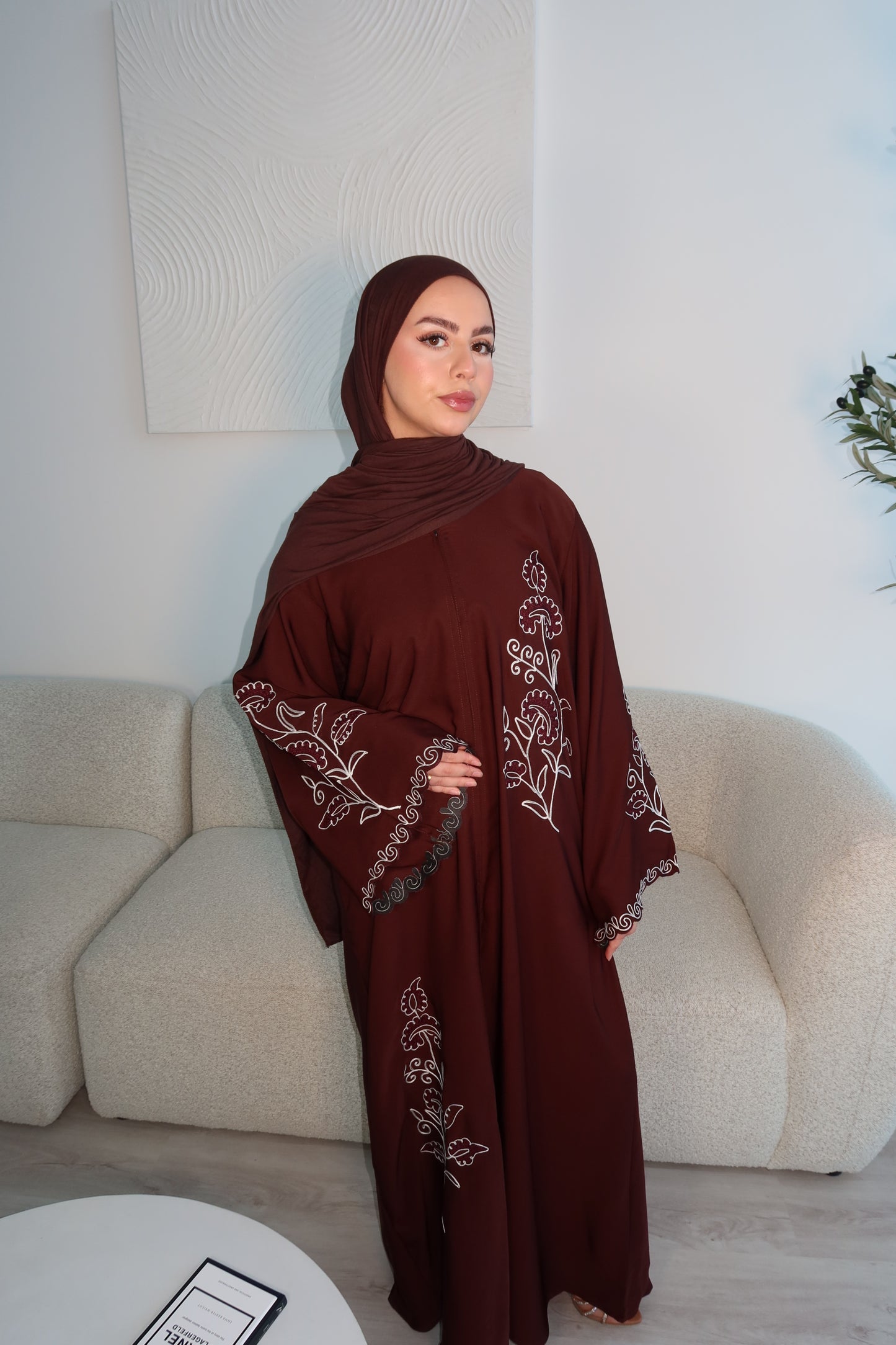 Zarina buttoned brown abaya with embroidery