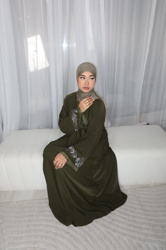 Filisteen olive embroidery closed abaya with matching embroidery hijab