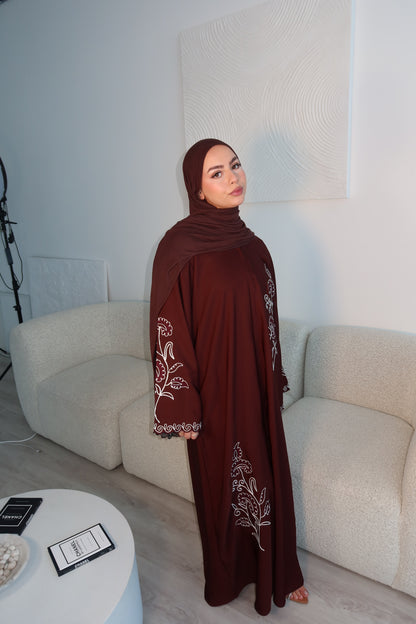 Zarina buttoned brown abaya with embroidery